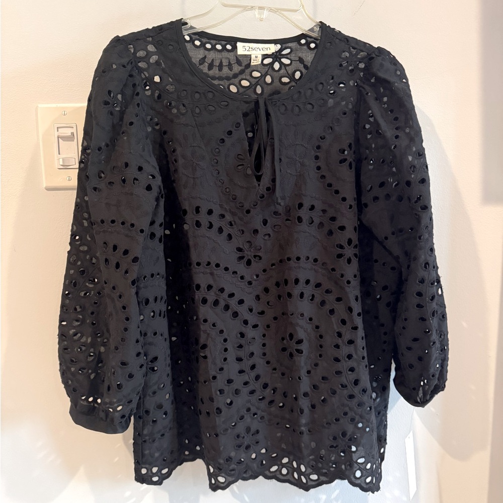 52 Seven Black Eyelet Cotton Bohemian Chic Semi Sheer Blouse NEW Size Medium